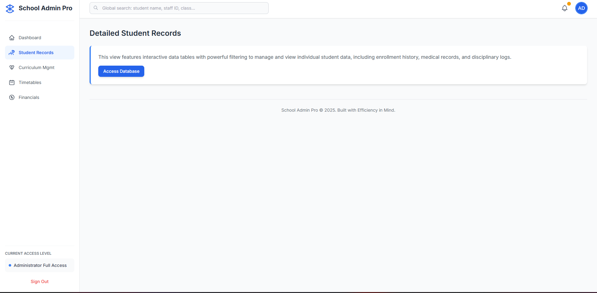 Admin Dashboard for school management system