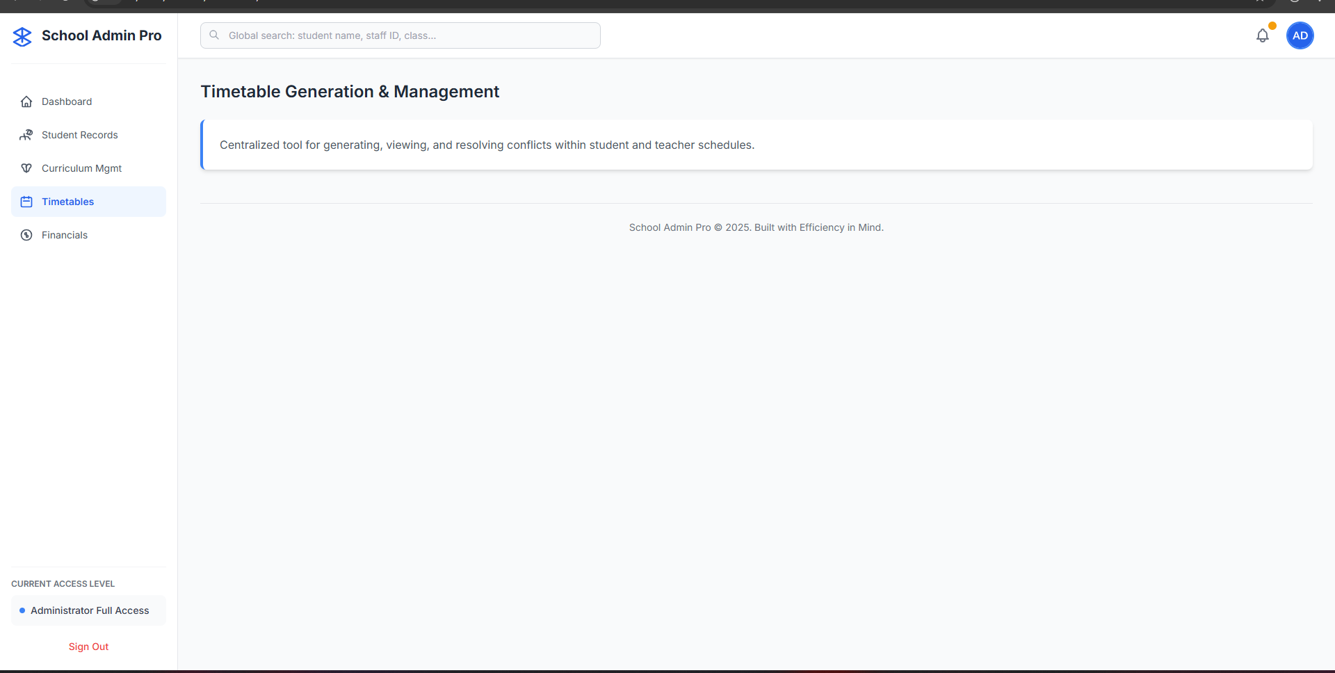 Admin Dashboard for school management system